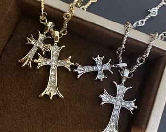 S925 Sterling Silver Double Cross Necklace Retro Handmade -  in 2023