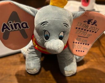Personalized Dumbo Plush: A Sweet Keepsake with Vinyl Textile Details to Celebrate the Arrival of a New Baby