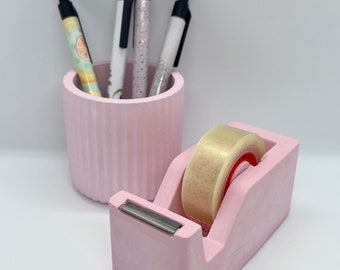 Desk set in water-based mineral resin - pencil pot and tape dispenser