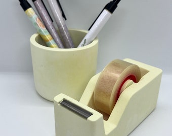 Desk set in water-based mineral resin - pencil pot and tape dispenser