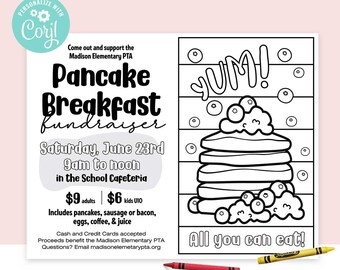 Sjabloon voor flyers voor pannenkoekenontbijt • Kleurplaat | Pannenkoekeninzamelingsactie | Pannenkoek kleuren • BEWERKBAAR • Direct downloaden Corjl.com