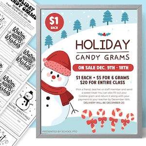 Bewerkbare gram wintersnoep, gram kerstsnoep, sneeuwpop, afdrukbare gram voor ASB PTO PTA School Fundraiser • Direct downloaden Corjl.com