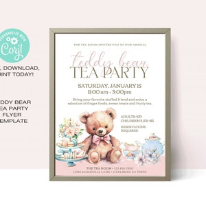 Puede incluir: Una invitación rosa y azul para una fiesta de té de ositos de peluche. La invitación presenta un oso de peluche de dibujos animados con una corbata de lazo rosa y sentado en una mesa con tazas de té, macarons y flores. El texto de la invitación dice "Teddy Bear Tea Party" y "Sábado, 15 de enero, 11:00 am - 3:00 pm".