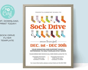 Puede incluir: Un folleto para una colecta de calcetines en la escuela primaria Pointsettia. El folleto presenta una ilustración colorida de calcetines y el texto "Sock Drive - warm their feet - Dec. 1st - Dec. 20th". El folleto también incluye la dirección y la información de contacto de la escuela.