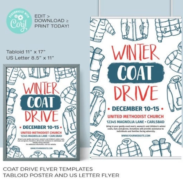 Coat Drive Template | EDITABLE | Winter Coat Drive Flyer | 2 Sizes: Tabloid 11 x 17 and 8.5" x 11  |  Instant Download Corjl.com