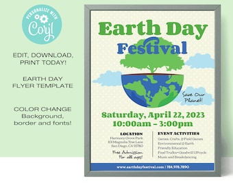 Pode incluir: Um folheto para um Festival do Dia da Terra com uma árvore verde crescendo de um globo azul e verde. O texto diz "Earth Day Festival" e "Save Our Planet!" O evento é no sábado, 22 de abril de 2023, das 10h às 15h, no Harmony Grove Park em San Diego, Califórnia. O folheto lista as atividades do evento, como jogos, artesanato, educação ambiental, food trucks e música.