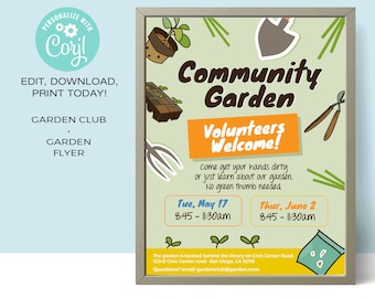 Può includere: Un poster verde e giallo con il testo "Community Garden Volunteers Welcome!" Il poster pubblicizza opportunità di volontariato in un giardino comunitario. Include date e orari per gli eventi di volontariato: mar. 17 maggio, 8:45-11:30 e gio. 2 giugno, 8:45-11:30. Il poster include anche l'indirizzo e l'e-mail del giardino.
