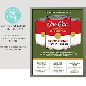 Canned Food Drive Flyer Template  | Food Drive Flyer • EDITABLE  • Instant Download Corjl.com