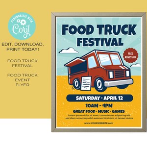 May include: A flyer for a food truck festival on Saturday, April 12th from 10am to 4pm. The flyer features a cartoon illustration of a red food truck with a white menu board and the text "Food Truck Festival" in large, bold letters. The flyer also includes the text "Free Admission" and "Great Food, Music, Games".