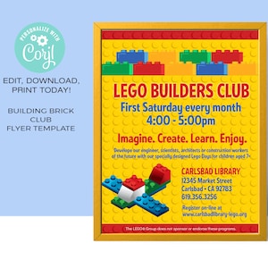 May include: A yellow and red flyer with a Lego logo and the text "LEGO BUILDERS CLUB". The flyer advertises a Lego building club for children aged 7+ that meets on the first Saturday of every month from 4:00 to 5:00 pm at the Carlsbad Library.