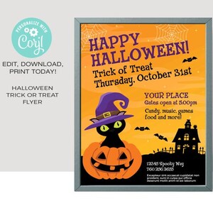 May include: A Halloween party invitation with a black cat wearing a purple witch hat sitting inside a jack-o-lantern. The invitation says "Happy Halloween! Trick or Treat Thursday, October 31st" and includes the address and phone number for the event.