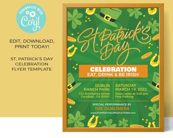 May include: A green and gold St. Patrick's Day flyer with shamrocks, gold coins, and a leprechaun hat. The text reads "St. Patrick's Day Celebration Eat, Drink & Be Irish" with the date and time of the event. The event is being held at Dublin Ranch Park in Carlsbad, CA.