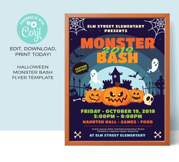 Monster Bash Halloween Party Flyer Template Editable Etsy
