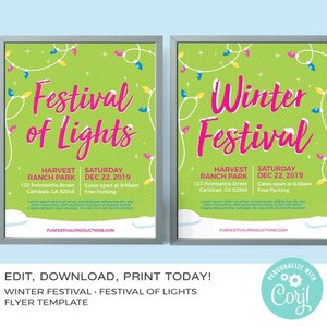 May include: Two green flyers with white borders advertising a Winter Festival and a Festival of Lights. The flyers feature a festive string of lights and snow. The text on the flyers reads "Winter Festival" and "Festival of Lights". The flyers also include the date, time, location, and contact information for the events.
