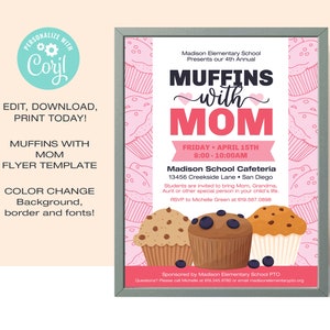 Szablon ulotki „Muffins and Mom” EDYTOWALNY| Ulotka na Dzień Matki | 8,5 x 11 • Natychmiastowe pobranie Corjl.com