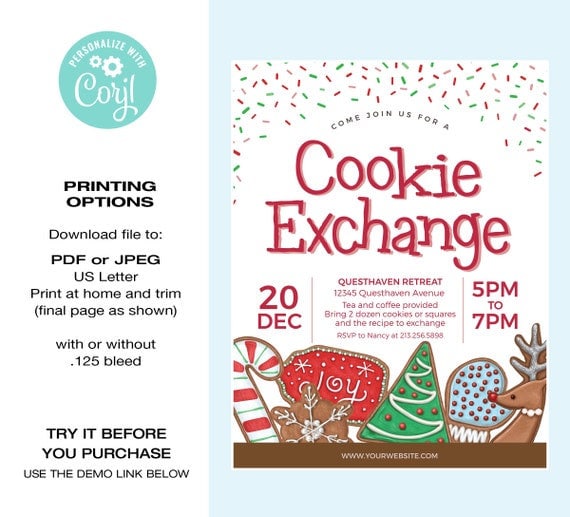 Cookie Exchange Template EDITABLE Holiday Cookie Exchange Flyer Event
