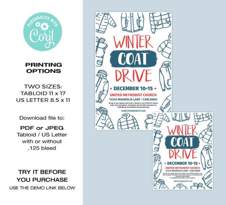 Coat Drive Template EDITABLE Winter Coat Drive Flyer 2 Sizes Tabloid