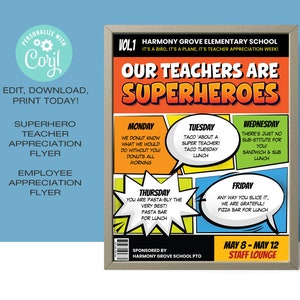 Teacher Appreciation Week Flyer Template EDITABLE | Superhero • Teachers are Superheroes | 8.5 x 11 • Instant Download Corjl.com