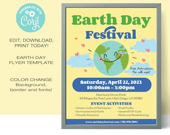 Pode incluir: Um folheto amarelo e azul com uma ilustração da Terra verde sorridente para um Festival do Dia da Terra. O evento é no sábado, 22 de abril de 2023, das 10h00 às 15h00 no Harmony Grove Park em San Diego, Califórnia. O folheto lista as atividades do evento, como jogos, artesanato, food trucks e música.