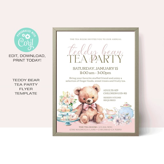 Teddy Bear Tea Party Template | EDITABLE | Tea Party • Afternoon Tea Flyer • Kids Tea Party Flyer |  • Instant Download Corjl.com