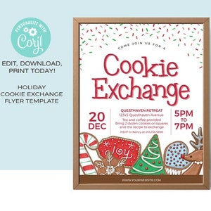 Peut inclure: Un modèle de flyer imprimable pour un échange de biscuits de Noël avec une canne en sucre rouge et blanche, un biscuit de pain d'épices avec le mot "joy" dessus, un biscuit de sapin de Noël vert et un biscuit de renne. Le flyer comprend le texte "Come join us for a Cookie Exchange", "20 Dec", "5PM to 7PM", et "Questhaven Retreat 12345 Questhaven Avenue".