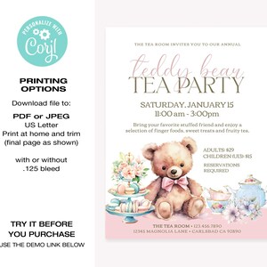 May include: Invitation to a Teddy Bear Tea Party on Saturday, January 15th from 11:00 am to 3:00 pm. The invitation features a watercolor illustration of a teddy bear with a pink bow tie, teacups, and a tiered cake stand with macarons and cupcakes. The text "Teddy Bear Tea Party" is written in a decorative font.