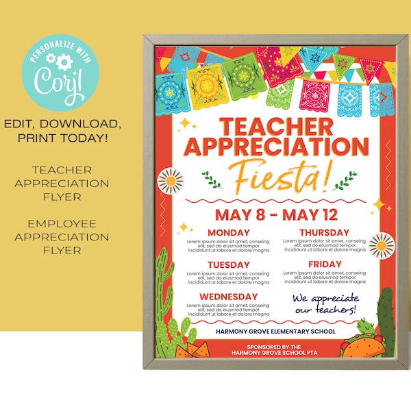 Teacher Appreciation Fiesta | Appreciation Week Flyer Template | Employee Appreciation | Taco | 8.5 x 11 • Instant Download Corjl.com