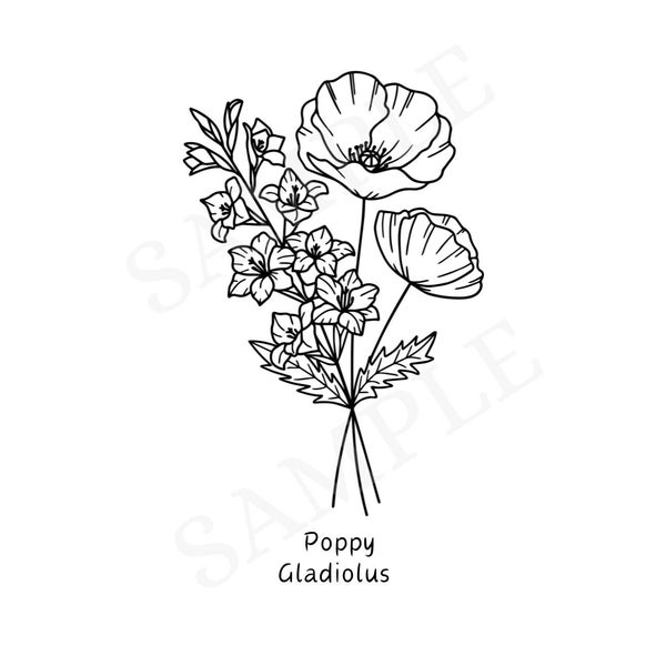 August Poppy + Gladiolus B&W Birth Flower Wall Art Digital File Grandmother Garden Birthday Gift Personalized Baby Nursery Gift Wedding Art