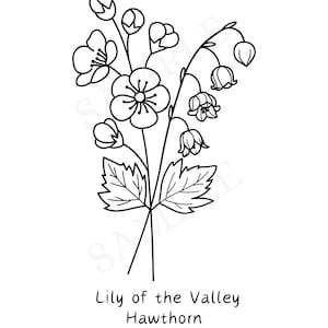May Lily of the Valley + Hawthorn B&W Birth Flower Digital Wall Art