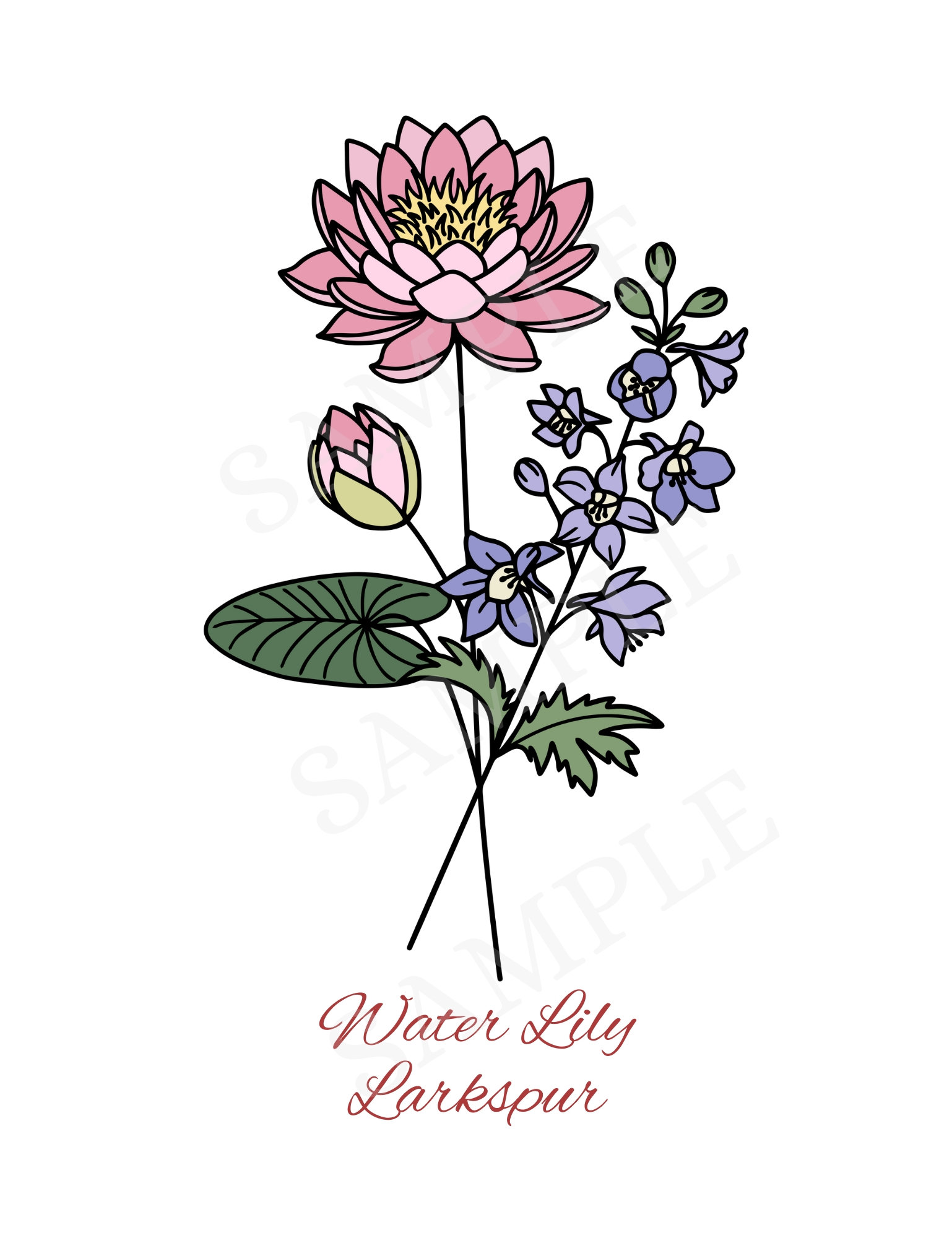 July Water Lily Larkspur B&W Birth Flower Wall Art Digital Pic ...