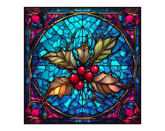 December Holly Stained Glass Window Birth Month Flower Wall Art Decor Digital Download Birthday Month Baby Nursery Art Wedding Decor Gift