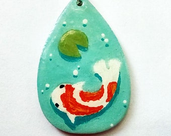 Hand-Painted Koi Pond Wooden Teardrop Pendant Necklace