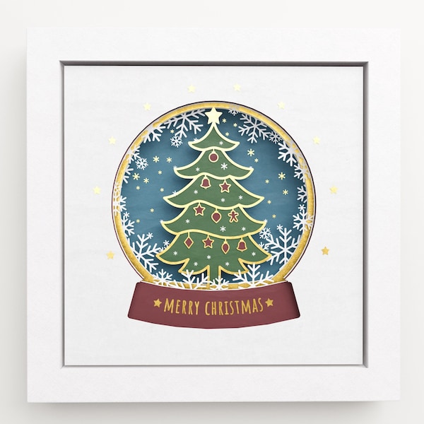 3D メリー クリスマス シャドー ボックス、スノー グローブ SVG、クリスマス ツリー SVG、Cricut および Silhouette 用ファイル、簡単な説明付き