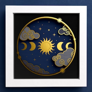 3D Moon Phases and Sun Shadow Box, Celestial Shadow Box, Stars 3D SVG, Mandala Files For Cricut and Silhouette with Easy Instructions