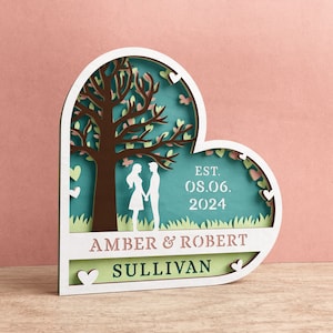 3D bruiloft schaduwhart met aangepaste woorden, Valentijnsdag hart schaduwdoos, boom van liefde SVG-bestanden voor Cricut met eenvoudige instructies