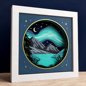 3D Nordlicht Schatten Box, Aurora Borealis Schatten Box, 3D Natur SVG, Berg Dateien für Cricut und Silhouette mit einfachen Anweisungen