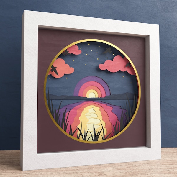 3D サンセット シャドー ボックス、湖の夕日、自然風景 SVG、レイヤー ペーパー アート、海の装飾、Cricut 用、簡単な説明