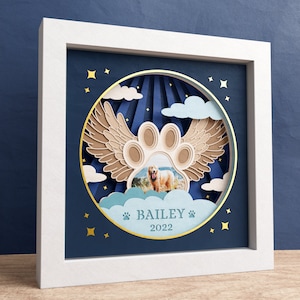 Caja de sombras conmemorativa de mascotas personalizada en 3D, alas de ángel con pata, regalo personalizable, regalo conmemorativo personalizado, archivos para instrucciones fáciles de Cricut