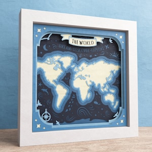 3D wereldkaart Shadow Box, Ocean Svg, 3D Mandala, wereldkaart kunst aan de muur, Shadow Box Ocean, bestanden voor Cricut met eenvoudige instructies