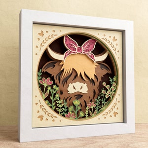 Scatola ombra 3D per mucca delle Highland, scatola ombra fattoria in formato SVG, taglio carta a strati, animali in formato SVG, file per Cricut e silhouette con semplici istruzioni