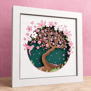Boîte d'ombre de fleurs de cerisier 3D, boîte d'ombre de printemps, cerisier japonais, art floral sur papier en couches, fichiers pour Cricut avec instructions faciles