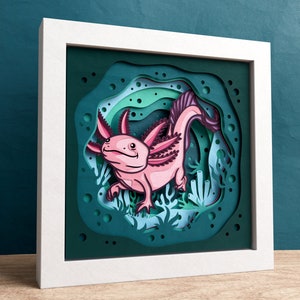 Scatola d'ombra 3D Axolotl, Scatola d'ombra animale SVG, Papercut a strati, Animali SVG, File per Cricut e Silhouette con semplici istruzioni