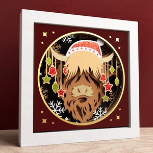 3D Highland Kuh Schatten Box, Weihnachten Schatten Box SVG, Weihnachten Layered Papercut, Tiere SVG, Dateien für Cricut mit einfachen Anweisungen