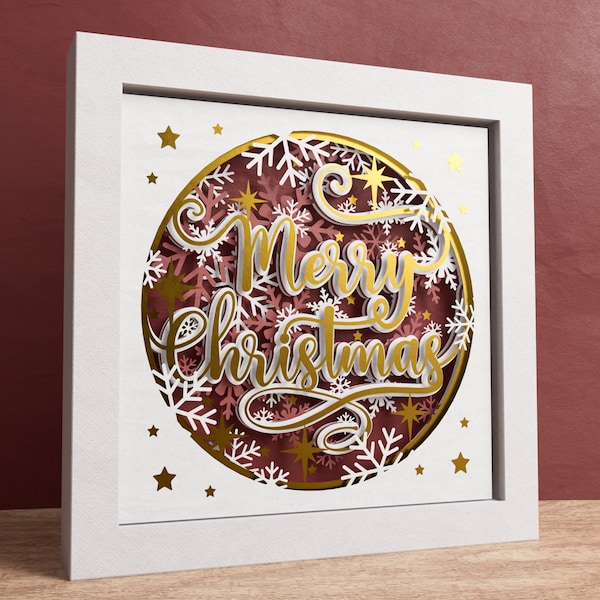3D メリー クリスマス シャドー ボックス、クリスマス 3D SVG、Cricut および Silhouette 用ファイル、簡単な説明付き