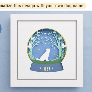 Puede incluir: Una silueta blanca de un perro dentro de una bola de nieve de papel recortada en azul y verde con un borde dorado. La bola de nieve tiene un fondo blanco con mariposas y &aacute;rboles. El nombre "TOBY" est&aacute; escrito en letras blancas sobre un fondo azul en la parte inferior de la bola de nieve.