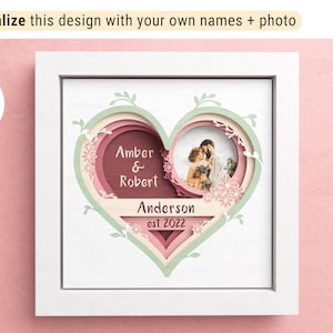 3D Customizable Wedding Shadow Box, Custom Name Shadow Box, Layered Paper Art, Heart 3D SVG, Files For Cricut with Easy Instructions image 1