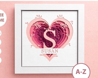 3D hart split monogram A-Z schaduw vak, aangepaste naam, alfabet familienaam SVG, hart SVG, familie teken, bestanden voor Cricut eenvoudige instructies