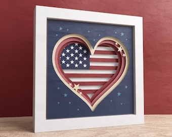 3D America Heart Shadow Box, Independence Day, Patriotic Sign Decor, Welcome Flag, Files For Cricut and Silhouette with Easy Instructions