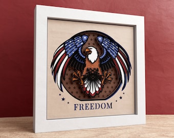 Caja de sombras de águila americana 3D, Libertad, Día de la Independencia, Decoración de signos patrióticos, Bandera estadounidense, Archivos para Cricut con instrucciones sencillas