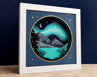 3D Northern Lights Shadow Box, Aurora Borealis Shadow Box, 3D Nature SVG, Mountain Files For Cricut and Silhouette with Easy Instructions